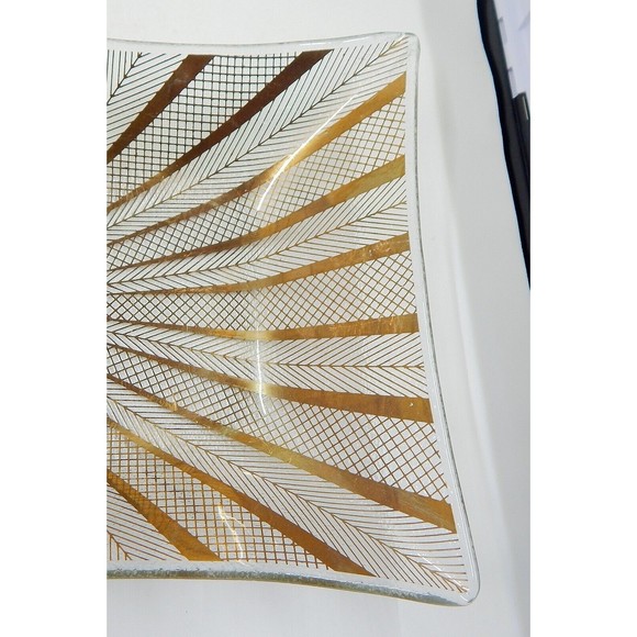 Georges Briard Glass Gold Abstract Bird Dove Herringbone Plate Tray 11 Inch - Picture 4 of 12